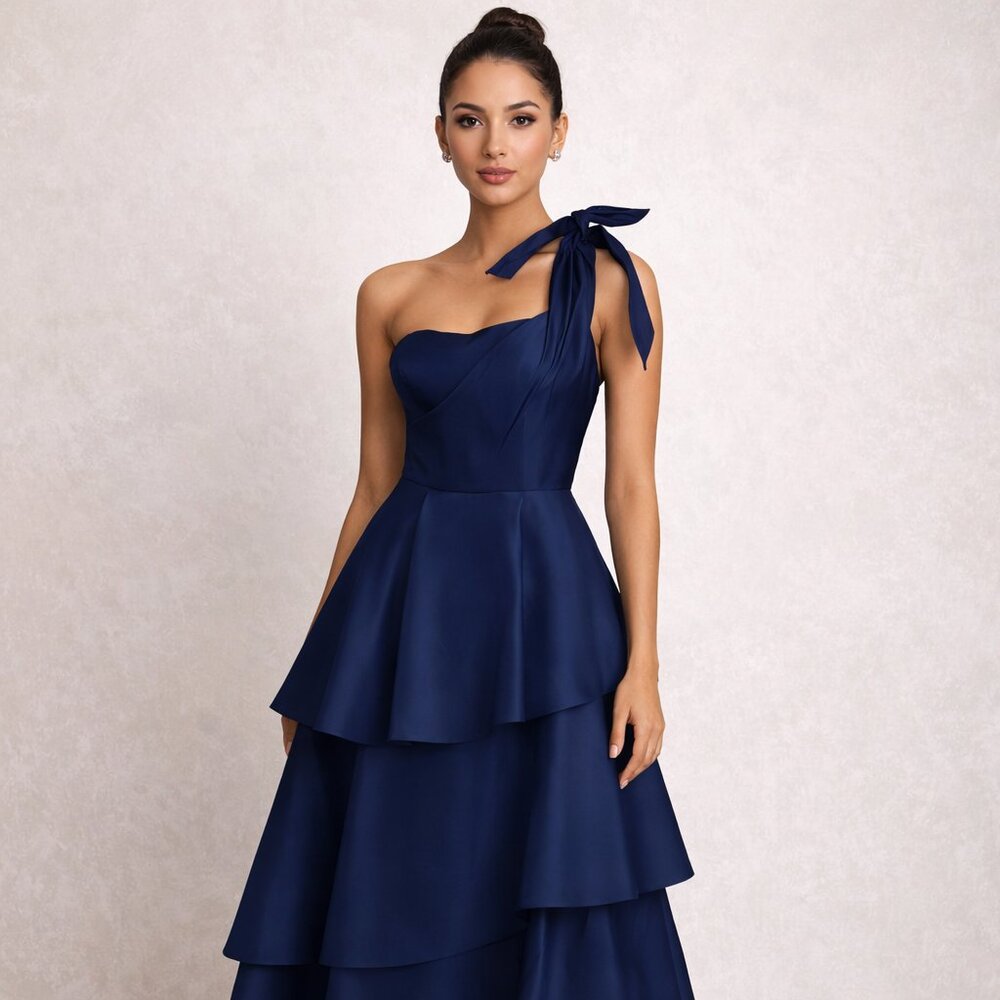 Alexia María Navy One-Shoulder Tiered Gown Formal Evening Dress 8